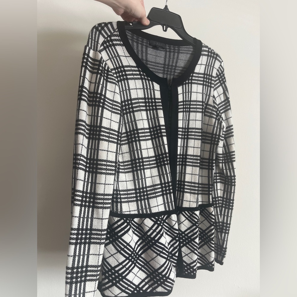 Belldini Black White Plaid Knit Cardigan Blazer Hook Front Petite Large